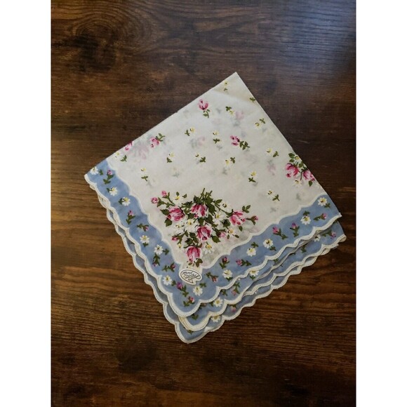 Hand Painted Scalloped Edge Floral Handkerchief Hanky Cotton 14" Set of 2 - Picture 2 of 11